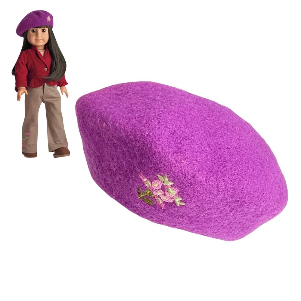 American Girl Beret Photographer Outfit Doll Hat Purple Pink Floral Embroidery